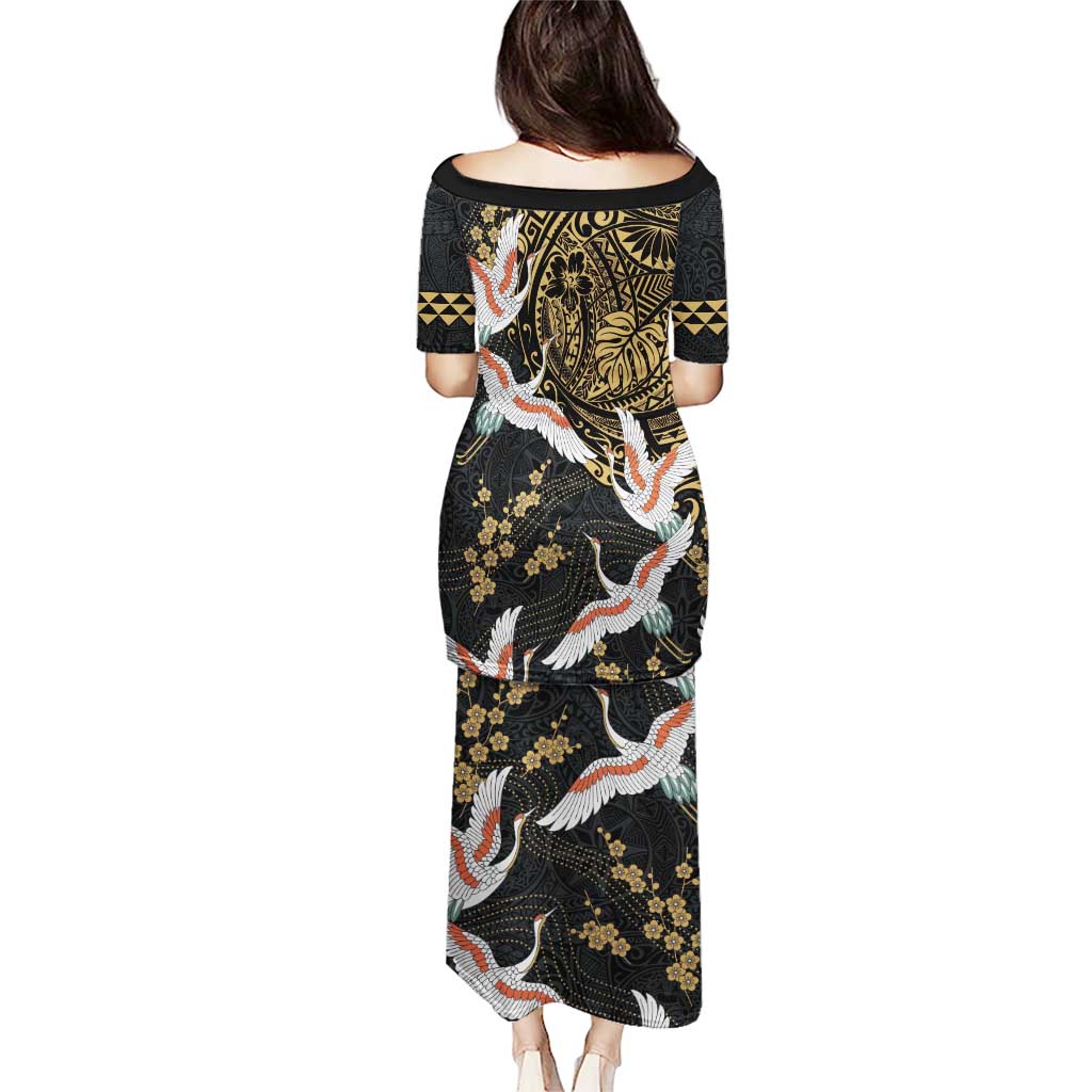 Hawaii and Japanese Together Puletasi Cranes Birds with Kakau Pattern