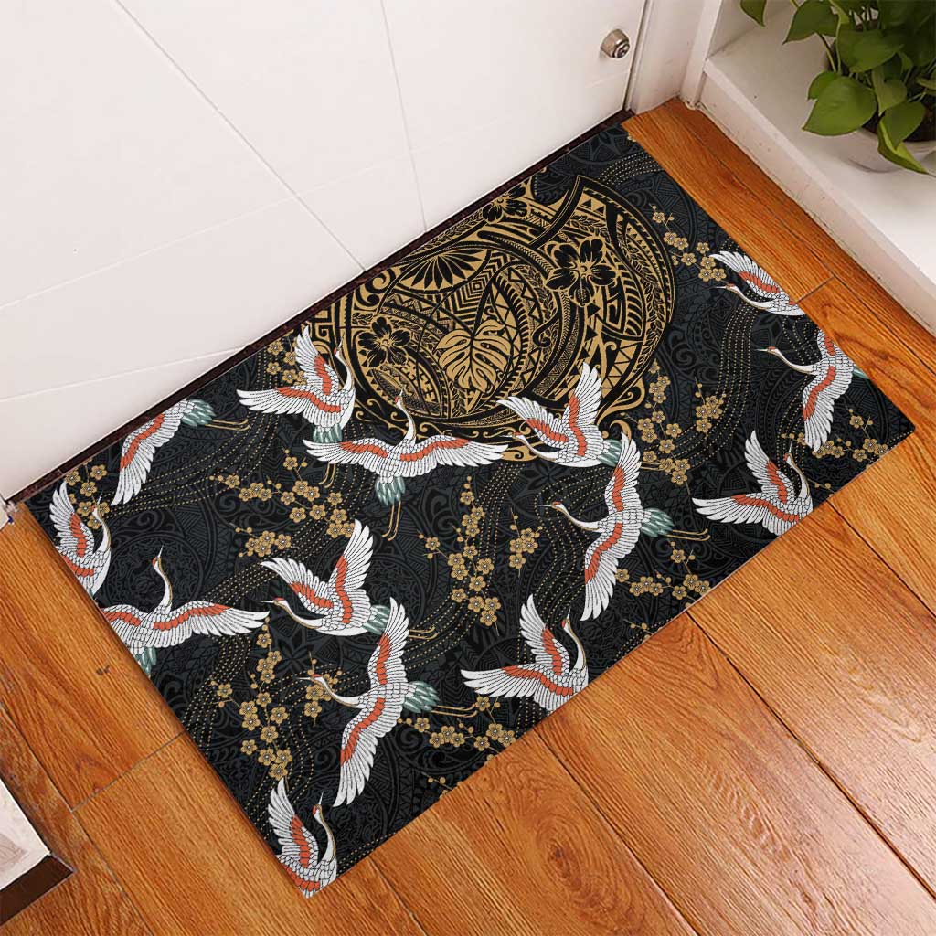 Hawaii and Japanese Together Rubber Doormat Cranes Birds with Kakau Pattern