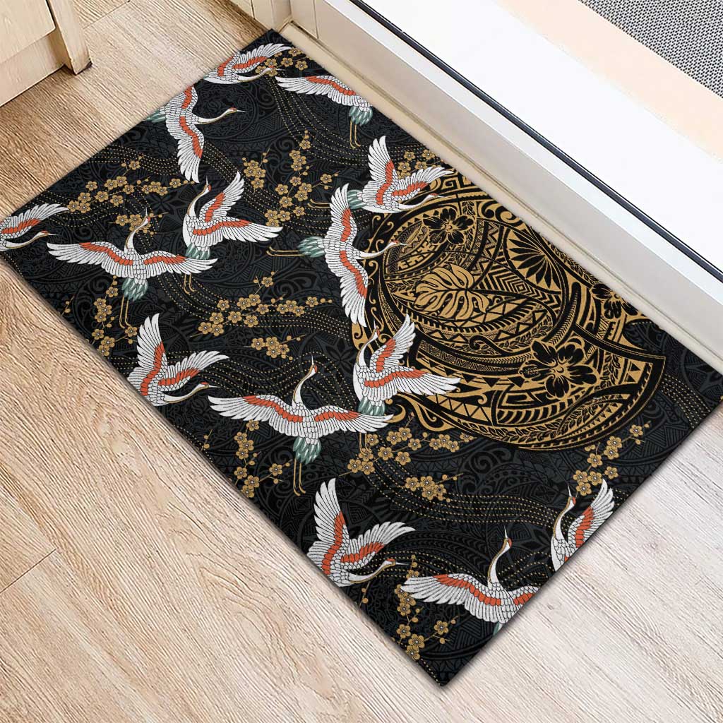 Hawaii and Japanese Together Rubber Doormat Cranes Birds with Kakau Pattern