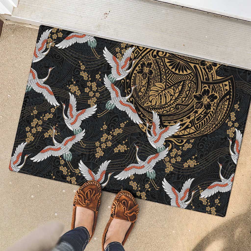 Hawaii and Japanese Together Rubber Doormat Cranes Birds with Kakau Pattern