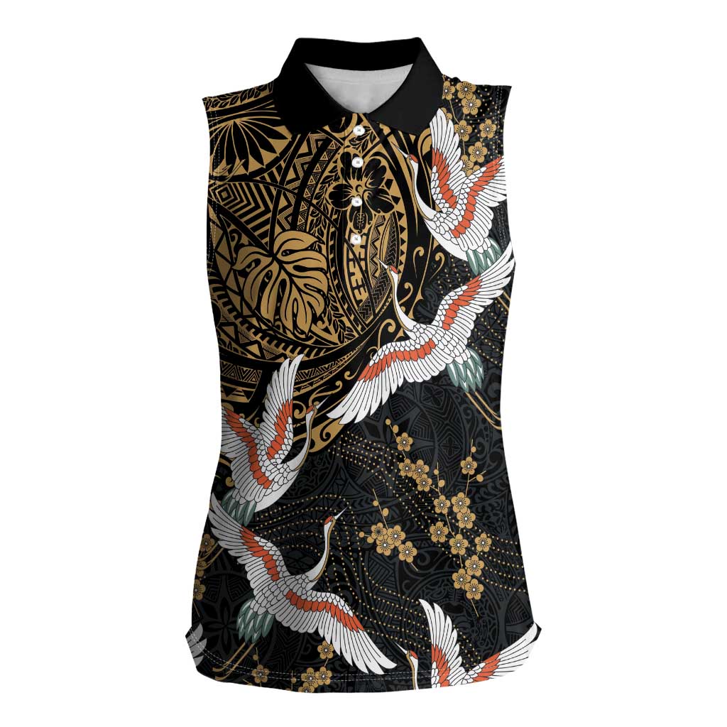 Hawaii and Japanese Together Women Sleeveless Polo Shirt Cranes Birds with Kakau Pattern