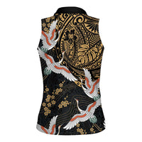 Hawaii and Japanese Together Women Sleeveless Polo Shirt Cranes Birds with Kakau Pattern