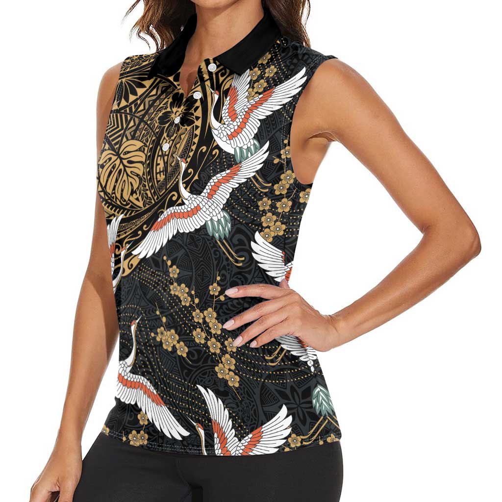Hawaii and Japanese Together Women Sleeveless Polo Shirt Cranes Birds with Kakau Pattern