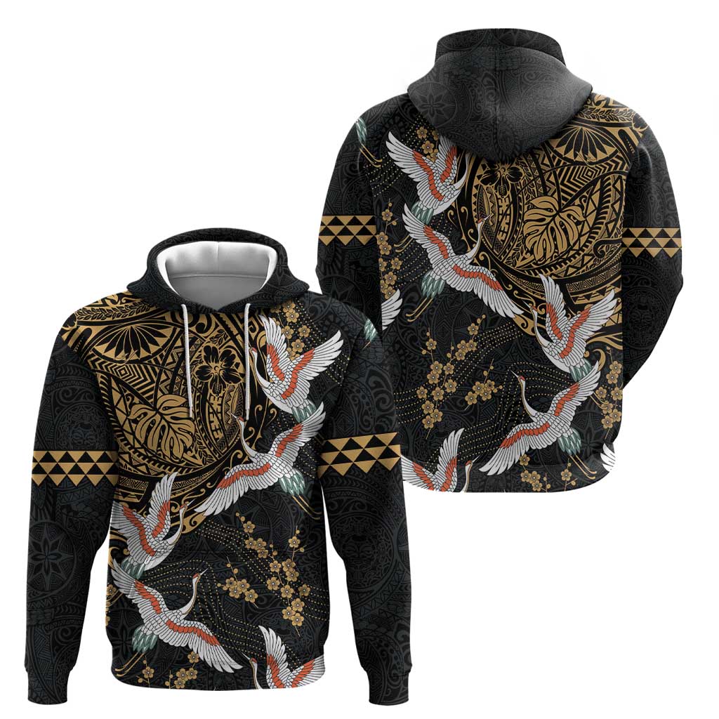 Hawaii and Japanese Together Zip Hoodie Cranes Birds with Kakau Pattern