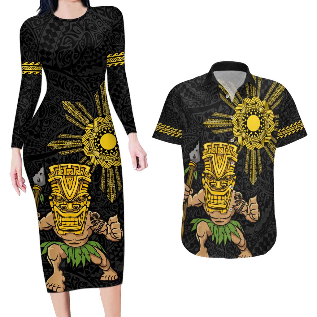 Hawaii and Philippines Together Couples Matching Long Sleeve Bodycon Dress and Hawaiian Shirt Warrior Tiki Mask and Filipino Sun Polynesian Style LT03 Black - Polynesian Pride