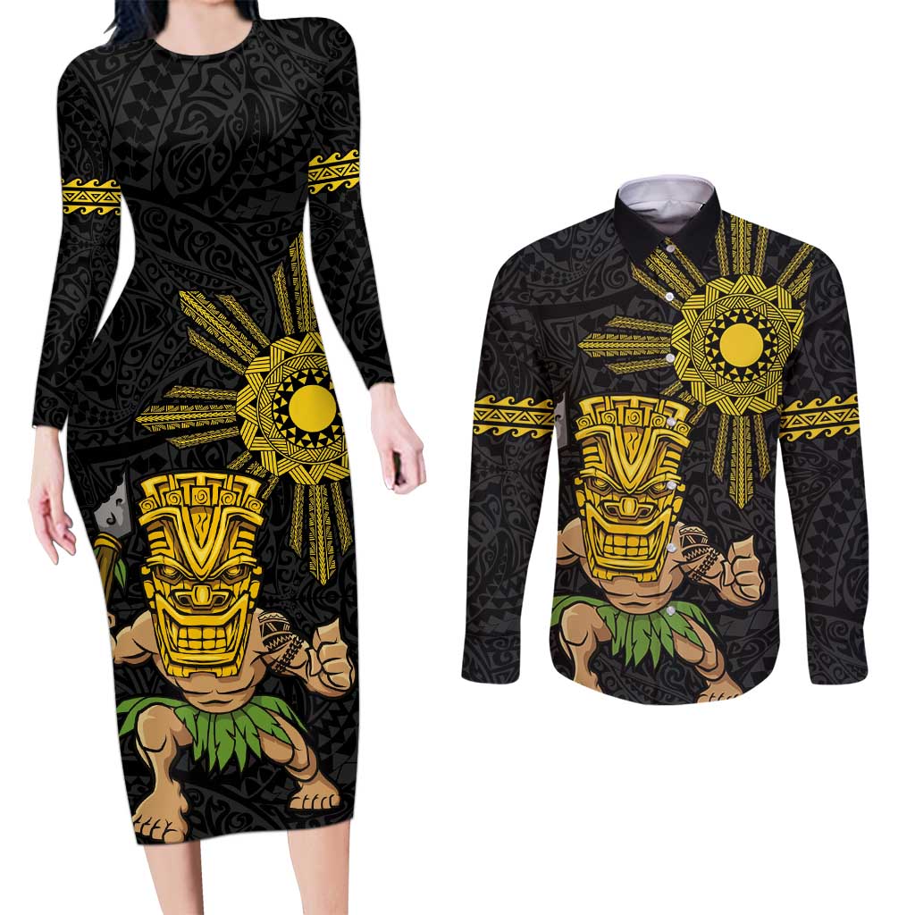 Hawaii and Philippines Together Couples Matching Long Sleeve Bodycon Dress and Long Sleeve Button Shirt Warrior Tiki Mask and Filipino Sun Polynesian Style