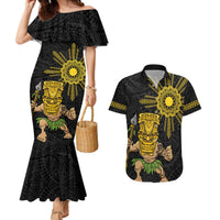 Hawaii and Philippines Together Couples Matching Mermaid Dress and Hawaiian Shirt Warrior Tiki Mask and Filipino Sun Polynesian Style LT03 Black - Polynesian Pride