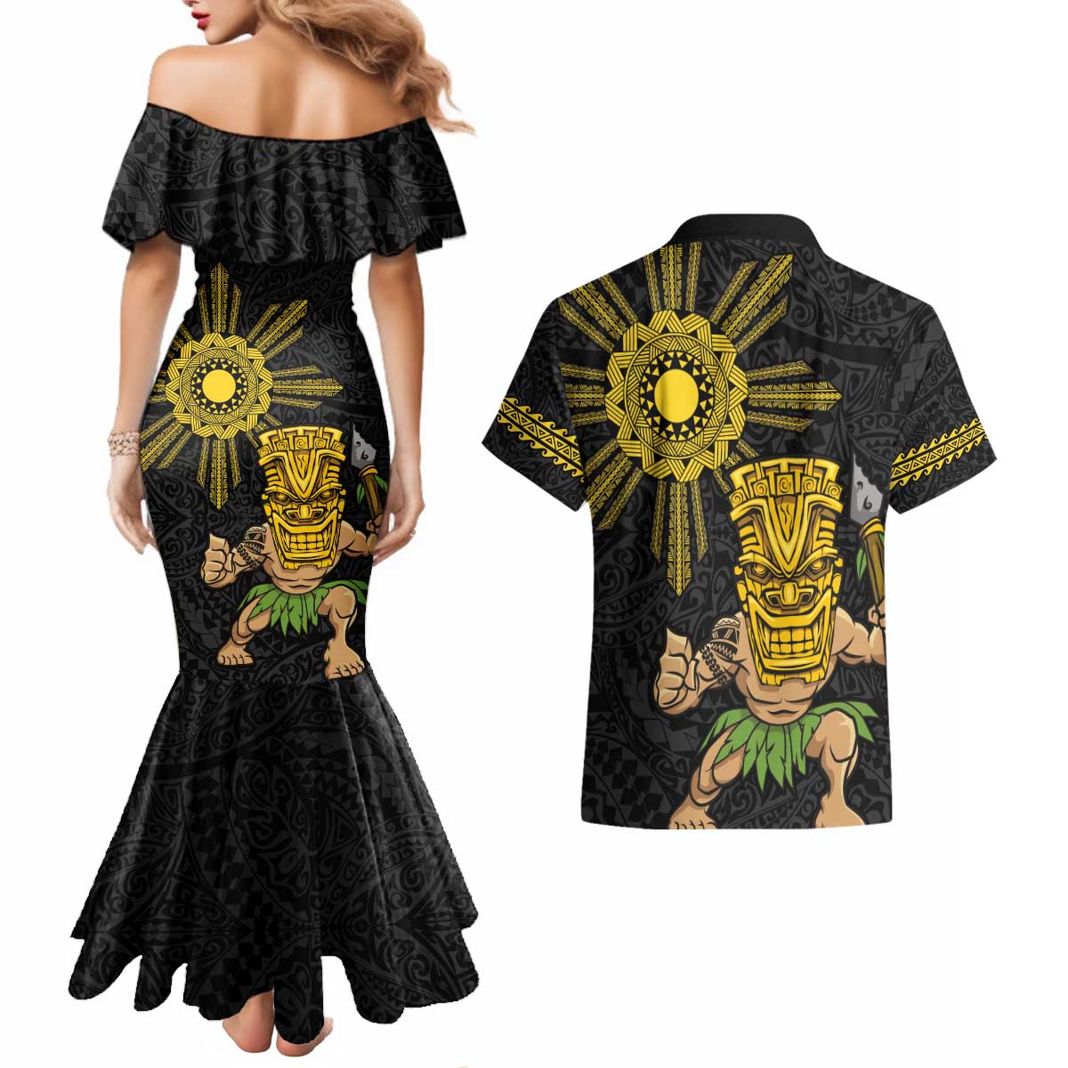 Hawaii and Philippines Together Couples Matching Mermaid Dress and Hawaiian Shirt Warrior Tiki Mask and Filipino Sun Polynesian Style LT03 - Polynesian Pride