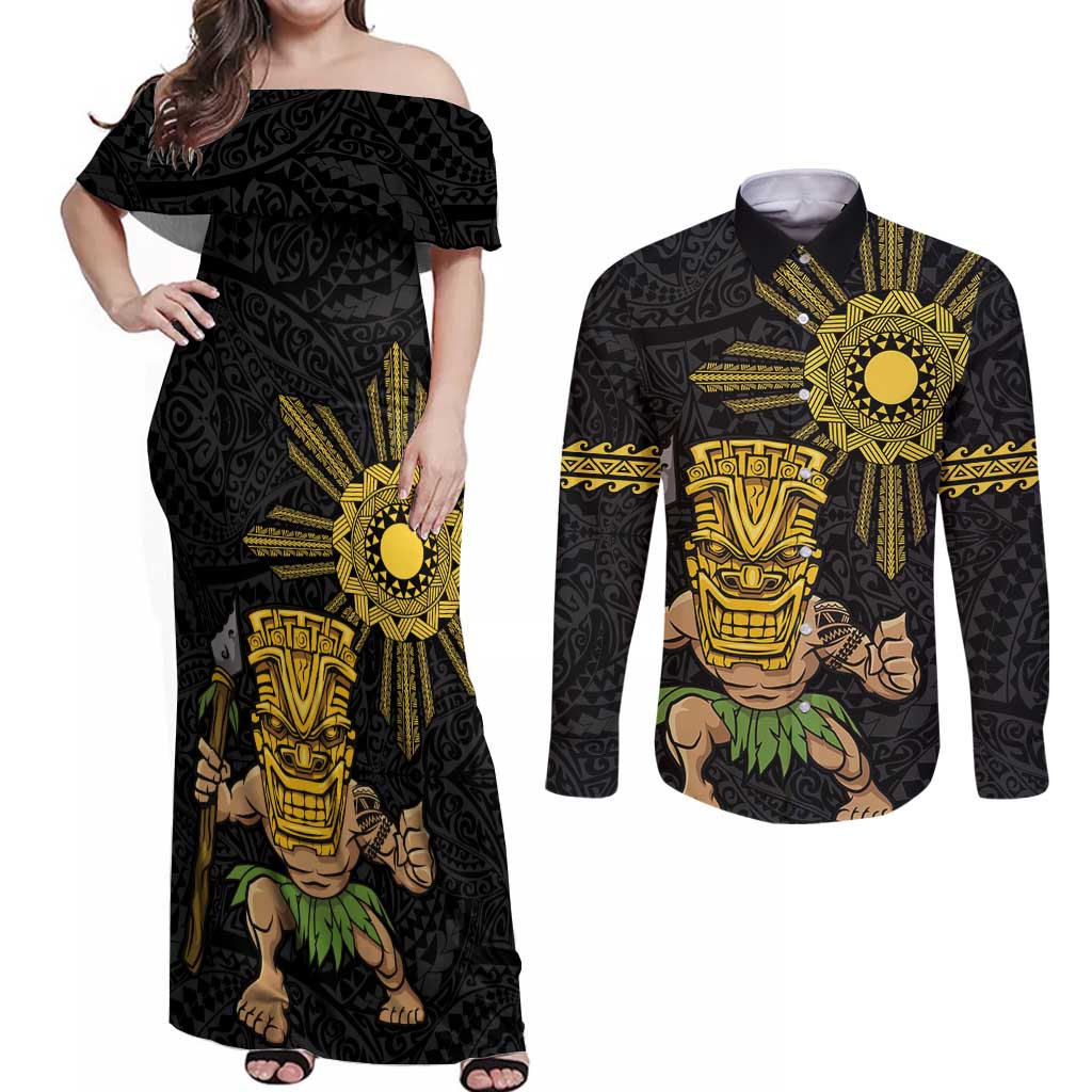 Hawaii and Philippines Together Couples Matching Off Shoulder Maxi Dress and Long Sleeve Button Shirt Warrior Tiki Mask and Filipino Sun Polynesian Style LT03 Black - Polynesian Pride