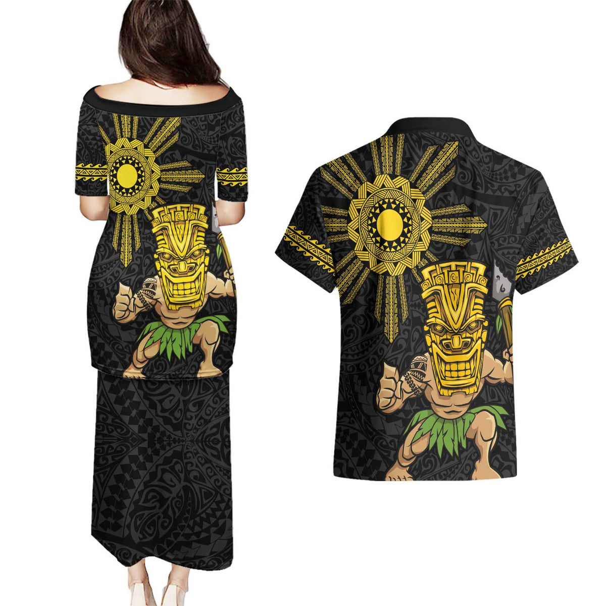 Hawaii and Philippines Together Couples Matching Puletasi and Hawaiian Shirt Warrior Tiki Mask and Filipino Sun Polynesian Style