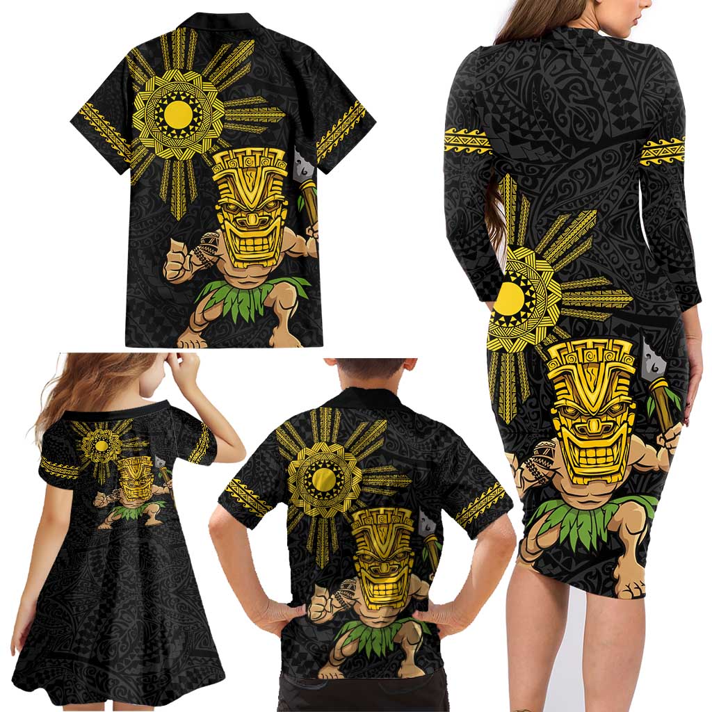Hawaii and Philippines Together Family Matching Long Sleeve Bodycon Dress and Hawaiian Shirt Warrior Tiki Mask and Filipino Sun Polynesian Style