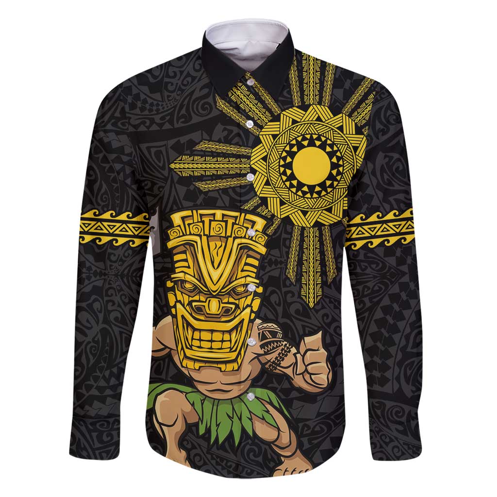 Hawaii and Philippines Together Family Matching Mermaid Dress and Hawaiian Shirt Warrior Tiki Mask and Filipino Sun Polynesian Style LT03 Dad's Shirt - Long Sleeve Black - Polynesian Pride