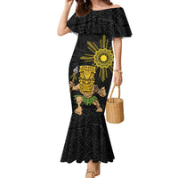 Hawaii and Philippines Together Family Matching Mermaid Dress and Hawaiian Shirt Warrior Tiki Mask and Filipino Sun Polynesian Style LT03 Mom's Dress Black - Polynesian Pride