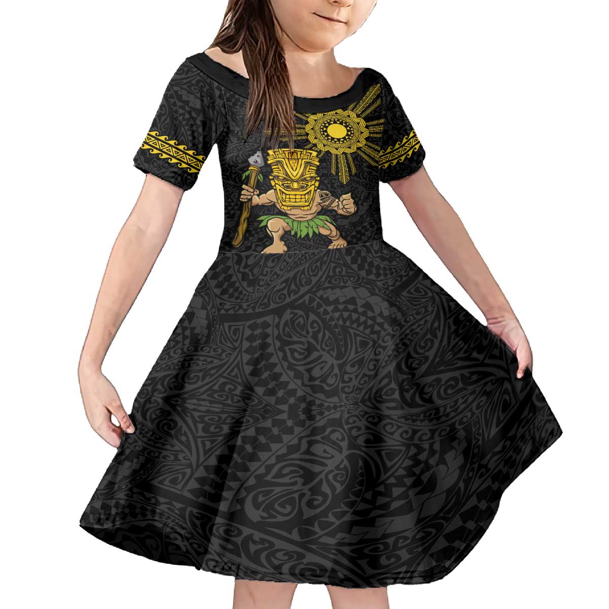 Hawaii and Philippines Together Family Matching Off The Shoulder Long Sleeve Dress and Hawaiian Shirt Warrior Tiki Mask and Filipino Sun Polynesian Style LT03 Daughter's Dress Black - Polynesian Pride