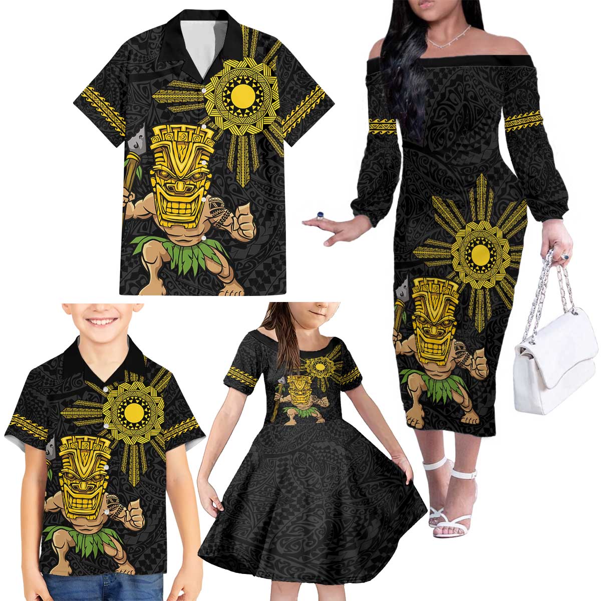 Hawaii and Philippines Together Family Matching Off The Shoulder Long Sleeve Dress and Hawaiian Shirt Warrior Tiki Mask and Filipino Sun Polynesian Style LT03 - Polynesian Pride