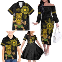 Hawaii and Philippines Together Family Matching Off The Shoulder Long Sleeve Dress and Hawaiian Shirt Warrior Tiki Mask and Filipino Sun Polynesian Style LT03 - Polynesian Pride
