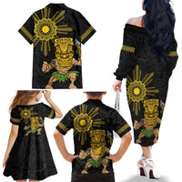 Hawaii and Philippines Together Family Matching Off The Shoulder Long Sleeve Dress and Hawaiian Shirt Warrior Tiki Mask and Filipino Sun Polynesian Style LT03 - Polynesian Pride