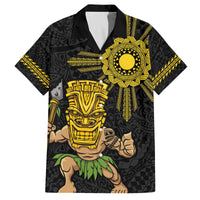Hawaii and Philippines Together Family Matching Off The Shoulder Long Sleeve Dress and Hawaiian Shirt Warrior Tiki Mask and Filipino Sun Polynesian Style LT03 Dad's Shirt - Short Sleeve Black - Polynesian Pride