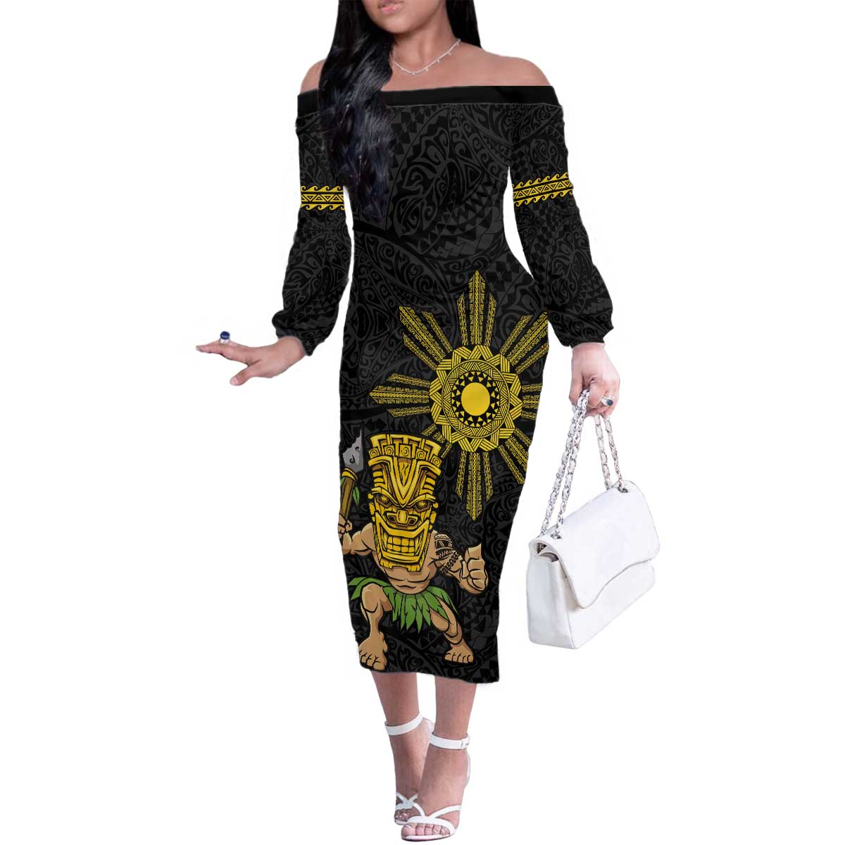 Hawaii and Philippines Together Family Matching Off The Shoulder Long Sleeve Dress and Hawaiian Shirt Warrior Tiki Mask and Filipino Sun Polynesian Style LT03 Mom's Dress Black - Polynesian Pride