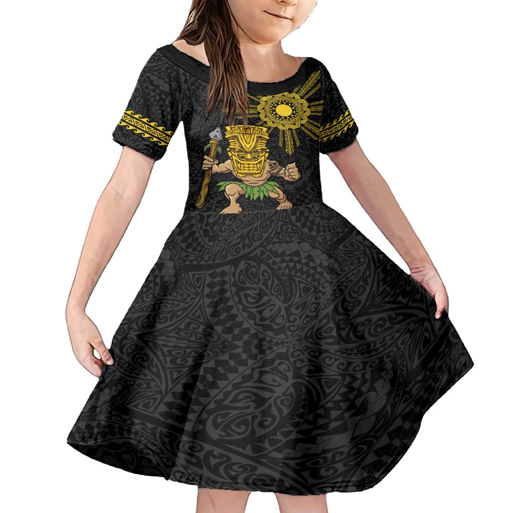 Hawaii and Philippines Together Family Matching Off Shoulder Maxi Dress and Hawaiian Shirt Warrior Tiki Mask and Filipino Sun Polynesian Style LT03 Daughter's Dress Black - Polynesian Pride
