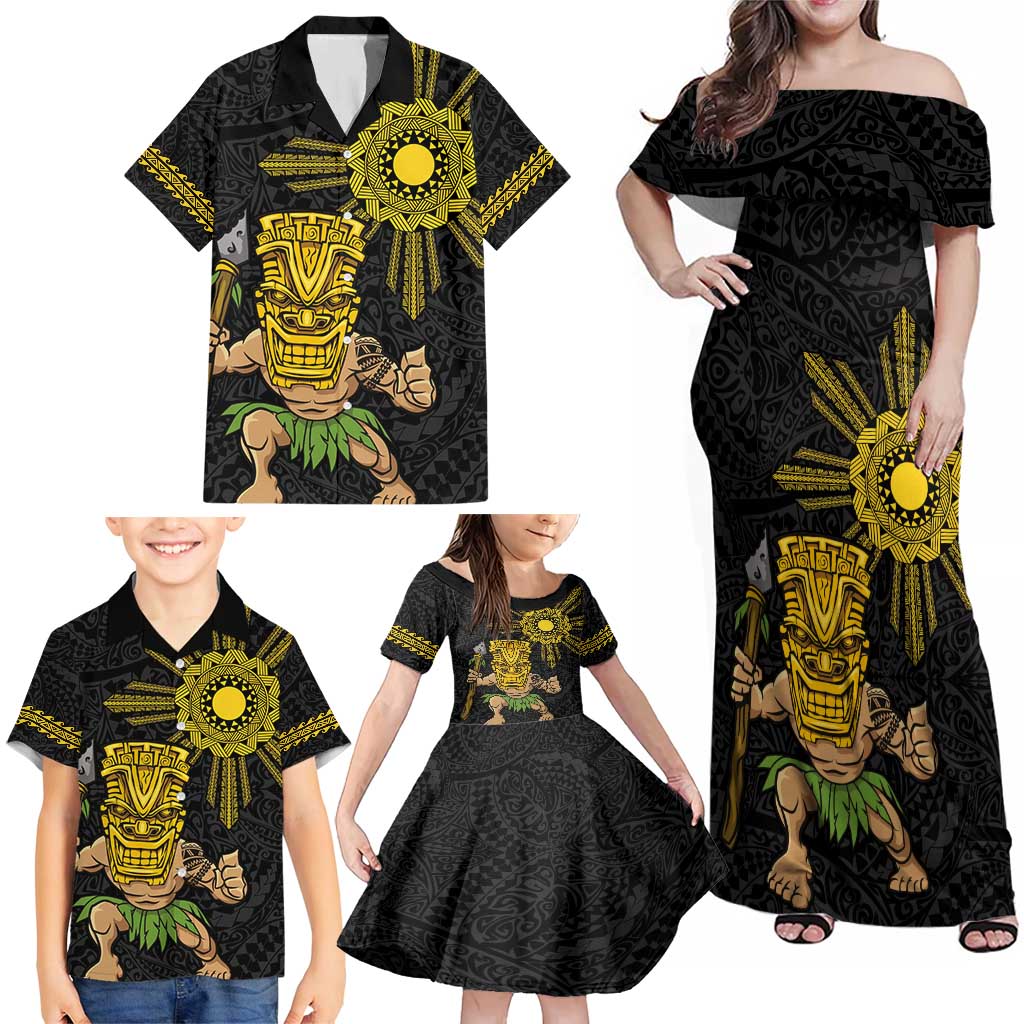 Hawaii and Philippines Together Family Matching Off Shoulder Maxi Dress and Hawaiian Shirt Warrior Tiki Mask and Filipino Sun Polynesian Style LT03 - Polynesian Pride