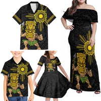 Hawaii and Philippines Together Family Matching Off Shoulder Maxi Dress and Hawaiian Shirt Warrior Tiki Mask and Filipino Sun Polynesian Style LT03 - Polynesian Pride