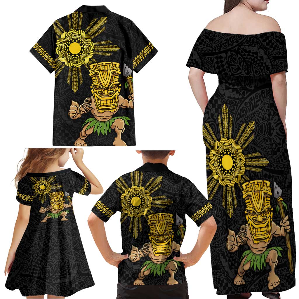 Hawaii and Philippines Together Family Matching Off Shoulder Maxi Dress and Hawaiian Shirt Warrior Tiki Mask and Filipino Sun Polynesian Style LT03 - Polynesian Pride