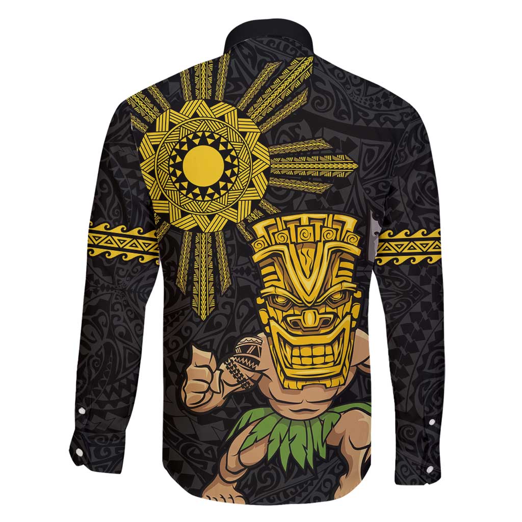 Hawaii and Philippines Together Family Matching Off Shoulder Maxi Dress and Hawaiian Shirt Warrior Tiki Mask and Filipino Sun Polynesian Style LT03 - Polynesian Pride