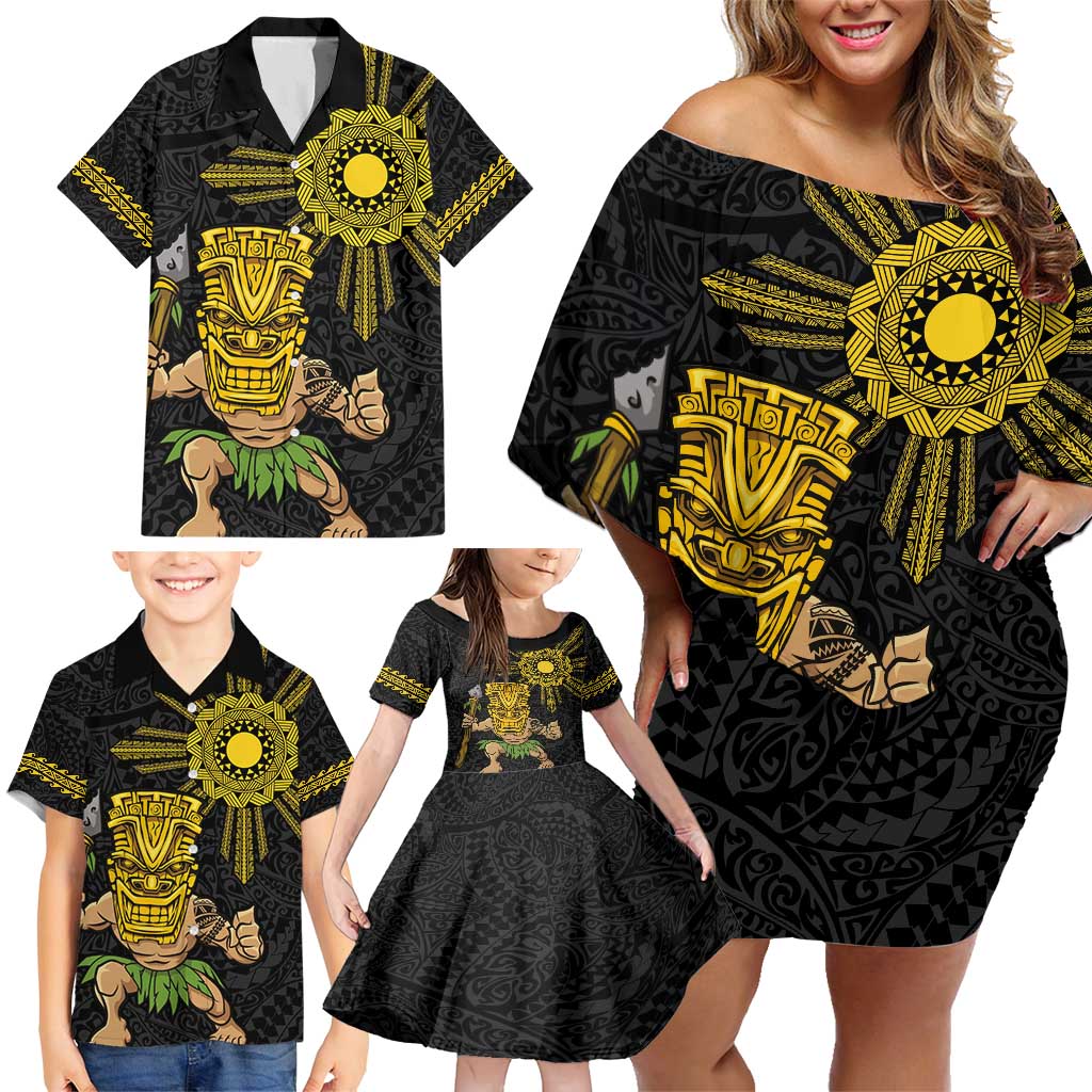 Hawaii and Philippines Together Family Matching Off Shoulder Short Dress and Hawaiian Shirt Warrior Tiki Mask and Filipino Sun Polynesian Style LT03 - Polynesian Pride