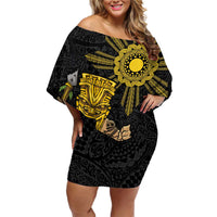 Hawaii and Philippines Together Family Matching Off Shoulder Short Dress and Hawaiian Shirt Warrior Tiki Mask and Filipino Sun Polynesian Style LT03 Mom's Dress Black - Polynesian Pride