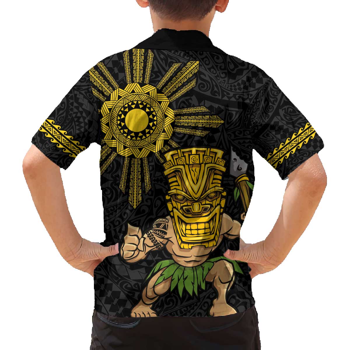 Hawaii and Philippines Together Family Matching Puletasi and Hawaiian Shirt Warrior Tiki Mask and Filipino Sun Polynesian Style LT03 - Polynesian Pride