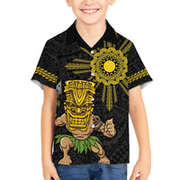 Hawaii and Philippines Together Family Matching Puletasi and Hawaiian Shirt Warrior Tiki Mask and Filipino Sun Polynesian Style LT03 Son's Shirt Black - Polynesian Pride
