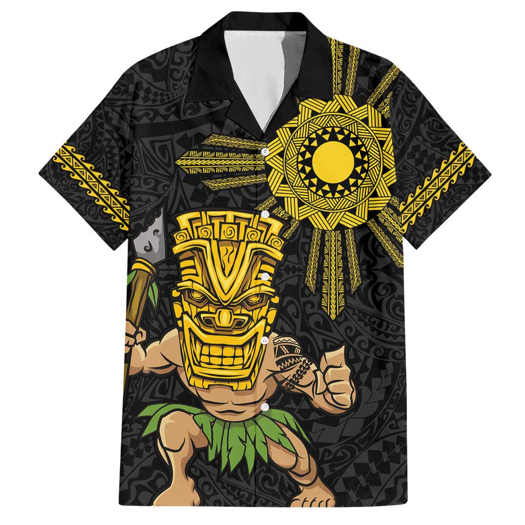 Hawaii and Philippines Together Family Matching Short Sleeve Bodycon Dress and Hawaiian Shirt Warrior Tiki Mask and Filipino Sun Polynesian Style LT03 Dad's Shirt - Short Sleeve Black - Polynesian Pride