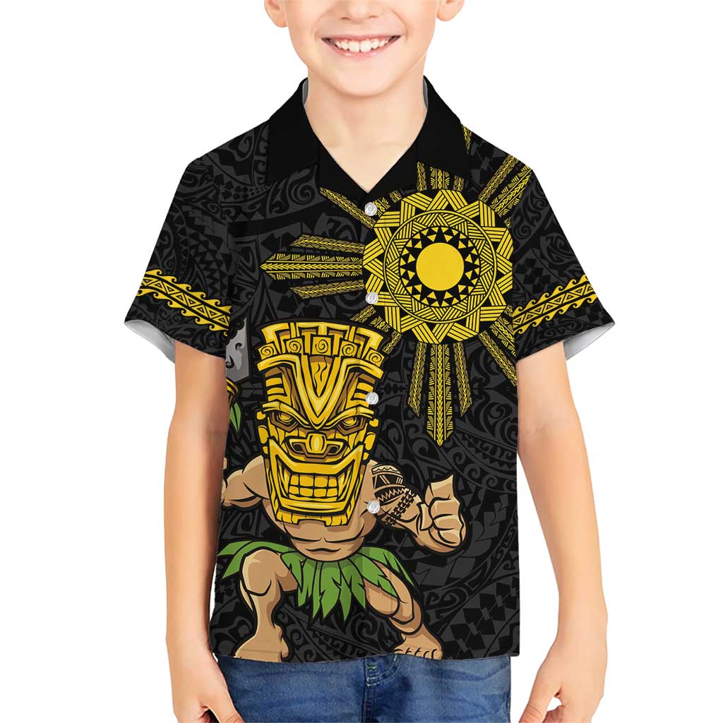 Hawaii and Philippines Together Family Matching Short Sleeve Bodycon Dress and Hawaiian Shirt Warrior Tiki Mask and Filipino Sun Polynesian Style LT03 Son's Shirt Black - Polynesian Pride