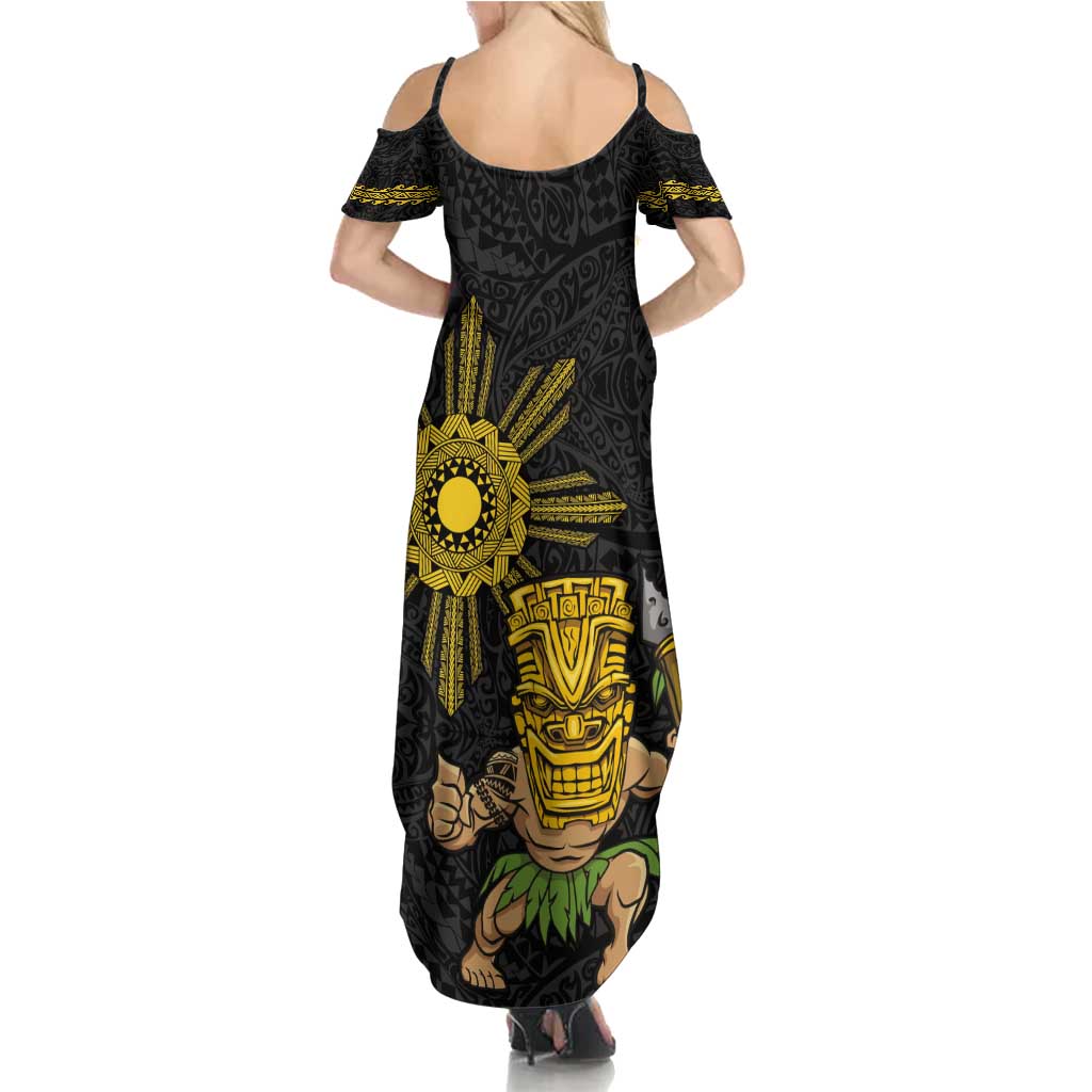 Hawaii and Philippines Together Family Matching Summer Maxi Dress and Hawaiian Shirt Warrior Tiki Mask and Filipino Sun Polynesian Style LT03 - Polynesian Pride