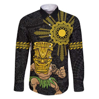 Hawaii and Philippines Together Family Matching Tank Maxi Dress and Hawaiian Shirt Warrior Tiki Mask and Filipino Sun Polynesian Style LT03 Dad's Shirt - Long Sleeve Black - Polynesian Pride