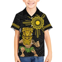 Hawaii and Philippines Together Family Matching Tank Maxi Dress and Hawaiian Shirt Warrior Tiki Mask and Filipino Sun Polynesian Style LT03 Son's Shirt Black - Polynesian Pride