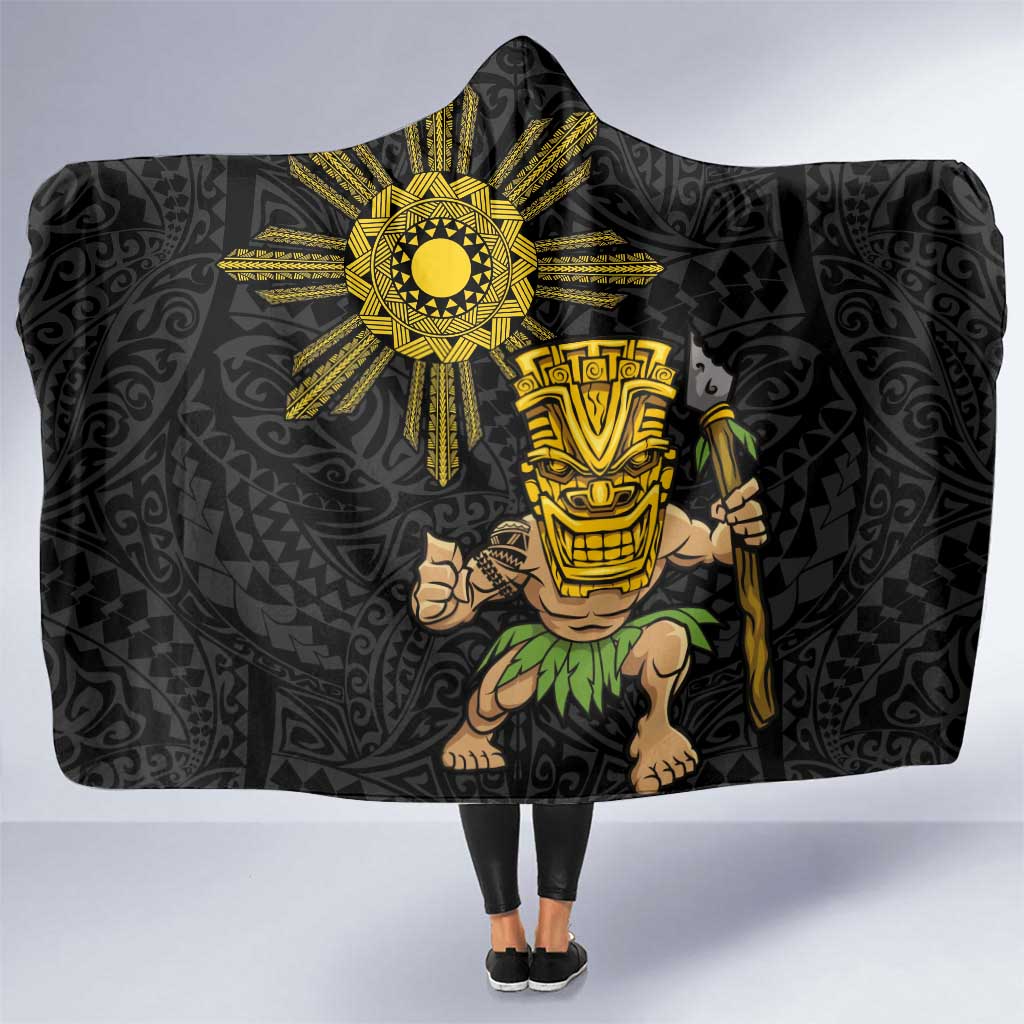 Hawaii and Philippines Together Hooded Blanket Warrior Tiki Mask and Filipino Sun Polynesian Style LT03 One Size Black - Polynesian Pride