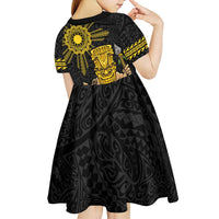 Hawaii and Philippines Together Kid Short Sleeve Dress Warrior Tiki Mask and Filipino Sun Polynesian Style LT03 - Polynesian Pride