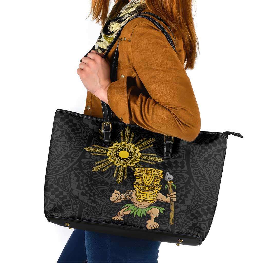 Hawaii and Philippines Together Leather Tote Bag Warrior Tiki Mask and Filipino Sun Polynesian Style LT03 Black - Polynesian Pride