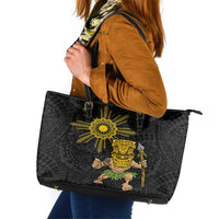 Hawaii and Philippines Together Leather Tote Bag Warrior Tiki Mask and Filipino Sun Polynesian Style LT03 Black - Polynesian Pride