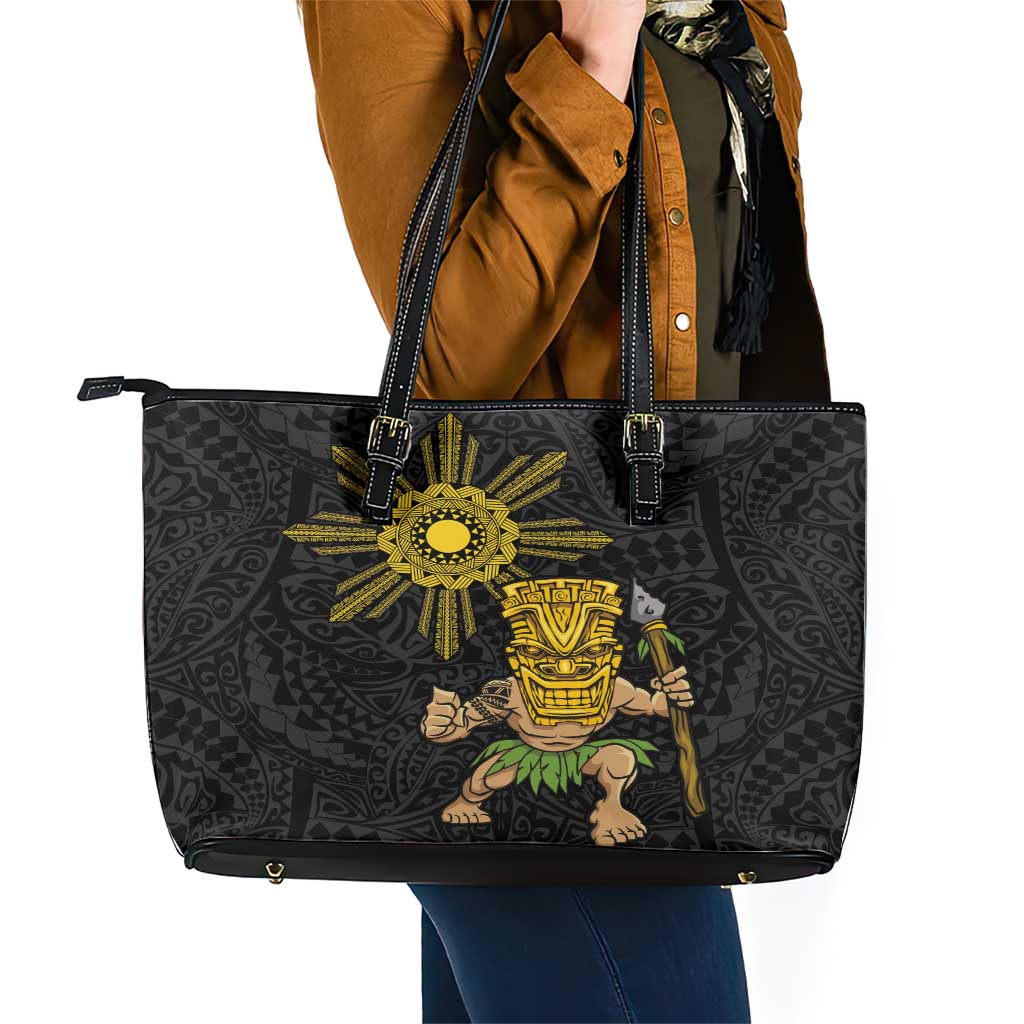 Hawaii and Philippines Together Leather Tote Bag Warrior Tiki Mask and Filipino Sun Polynesian Style LT03 - Polynesian Pride