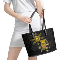 Hawaii and Philippines Together Leather Tote Bag Warrior Tiki Mask and Filipino Sun Polynesian Style LT03 - Polynesian Pride