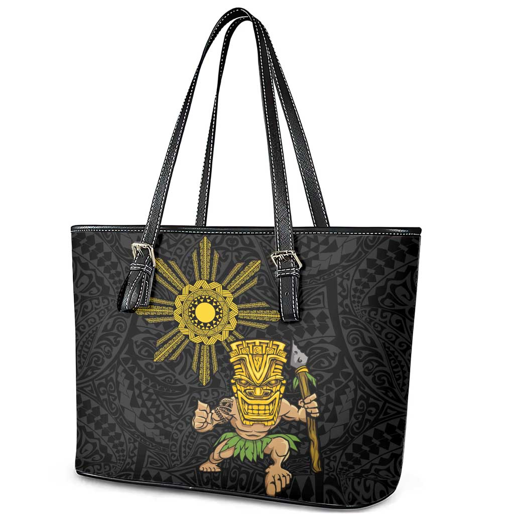 Hawaii and Philippines Together Leather Tote Bag Warrior Tiki Mask and Filipino Sun Polynesian Style LT03 - Polynesian Pride