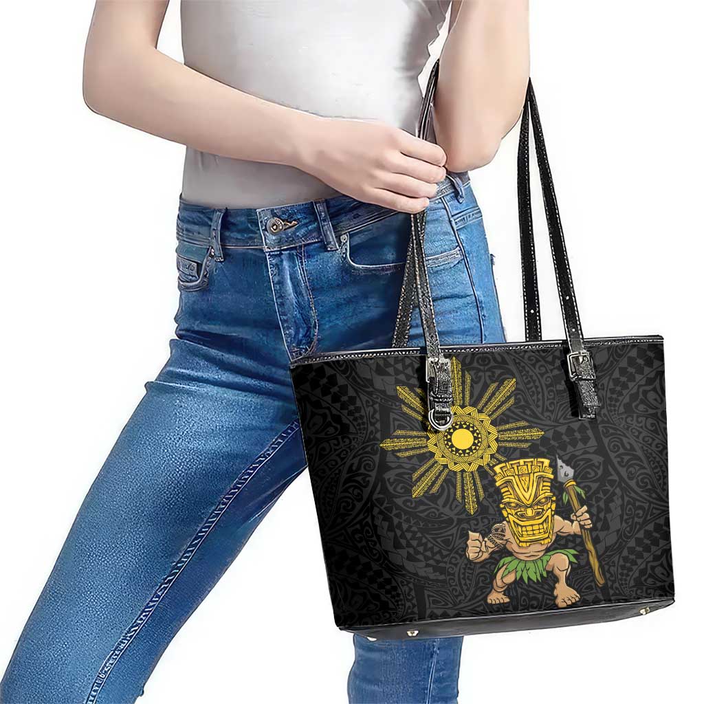 Hawaii and Philippines Together Leather Tote Bag Warrior Tiki Mask and Filipino Sun Polynesian Style LT03 - Polynesian Pride