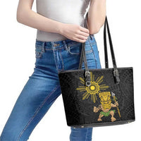 Hawaii and Philippines Together Leather Tote Bag Warrior Tiki Mask and Filipino Sun Polynesian Style LT03 - Polynesian Pride