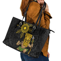 Hawaii and Philippines Together Leather Tote Bag Warrior Tiki Mask and Filipino Sun Polynesian Style LT03 - Polynesian Pride