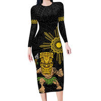 Hawaii and Philippines Together Long Sleeve Bodycon Dress Warrior Tiki Mask and Filipino Sun Polynesian Style LT03 Long Dress Black - Polynesian Pride