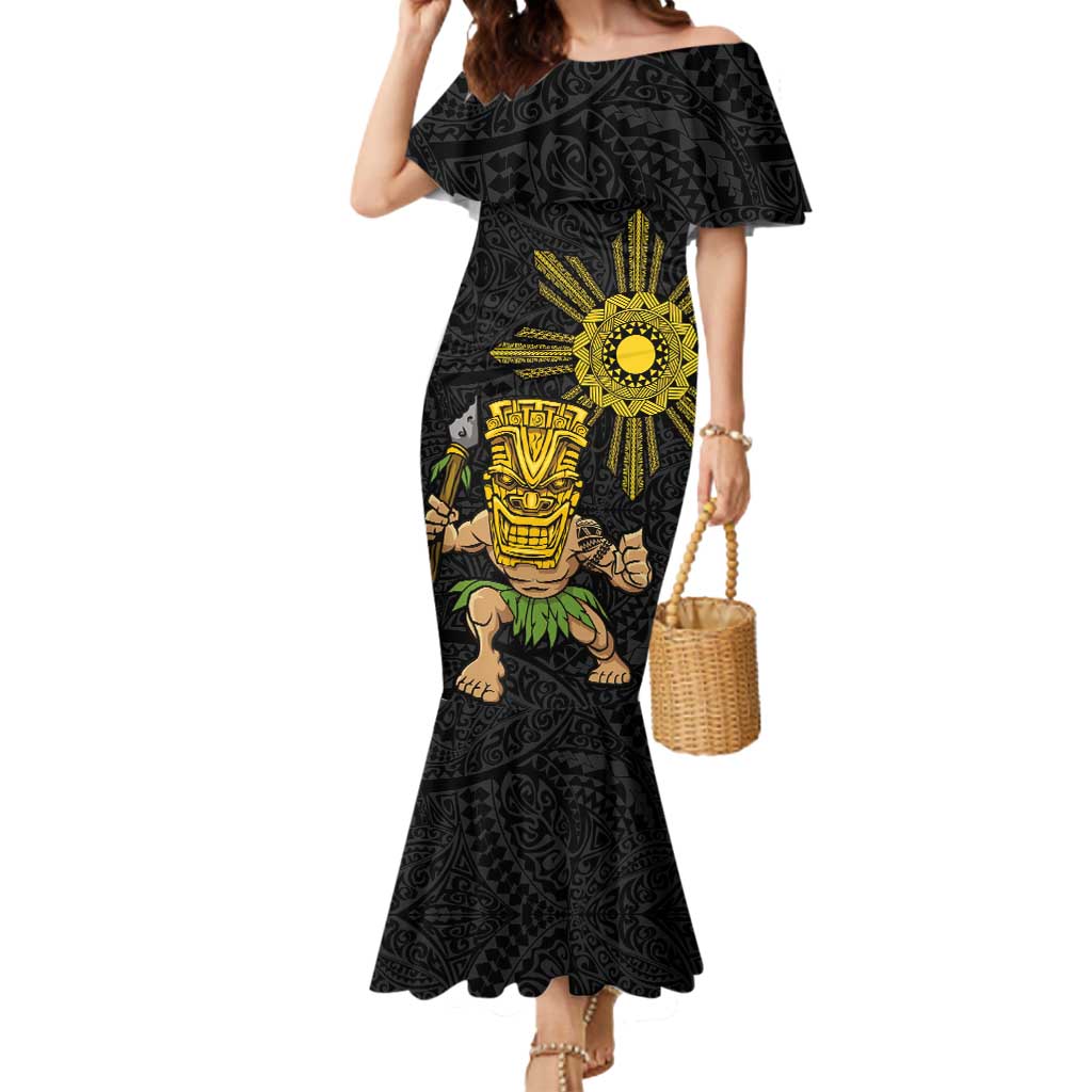 Hawaii and Philippines Together Mermaid Dress Warrior Tiki Mask and Filipino Sun Polynesian Style LT03 Women Black - Polynesian Pride