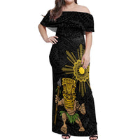 Hawaii and Philippines Together Off Shoulder Maxi Dress Warrior Tiki Mask and Filipino Sun Polynesian Style LT03 Women Black - Polynesian Pride